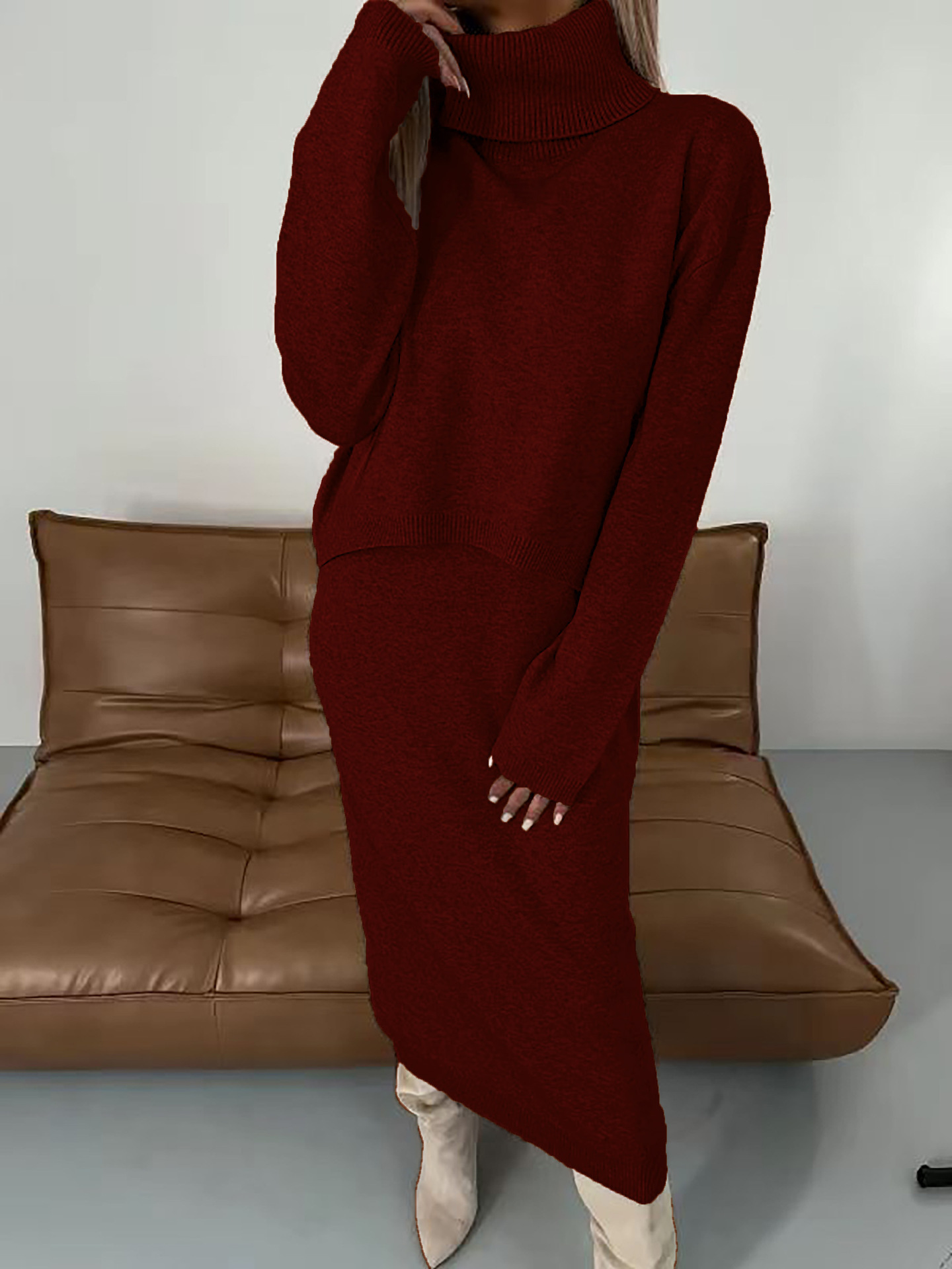 Solid color high neck knitted hip hugging skirt two-piece set