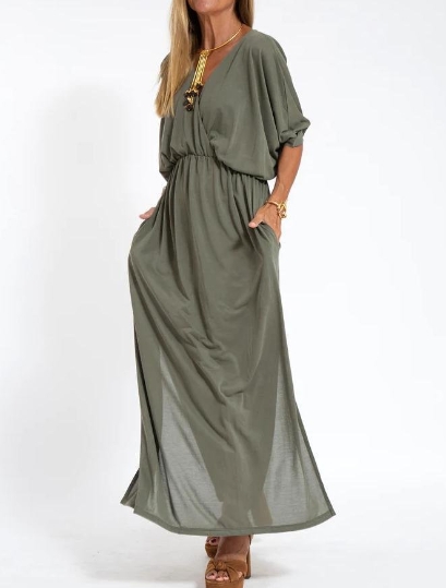 Fashionable solid color high waist split V-neck dress