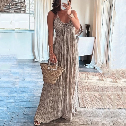 Solid color sexy backless U-neck suspender back long dress