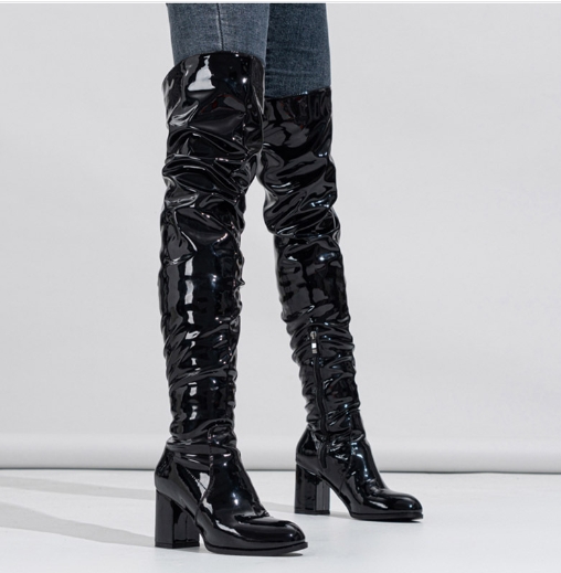 Tall boots, round toe, wrinkled, thick heel, black, knee high, stacked boots