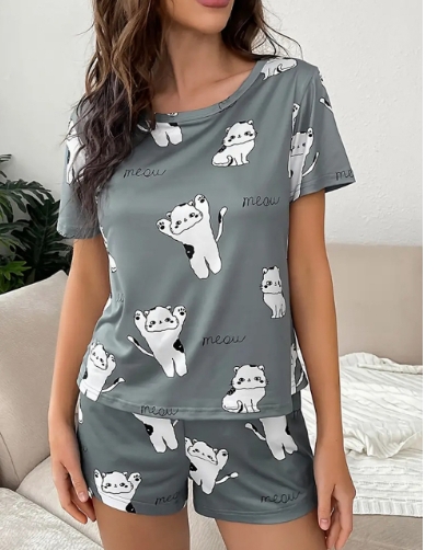 Printed short sleeved shorts set for loose casual home wear