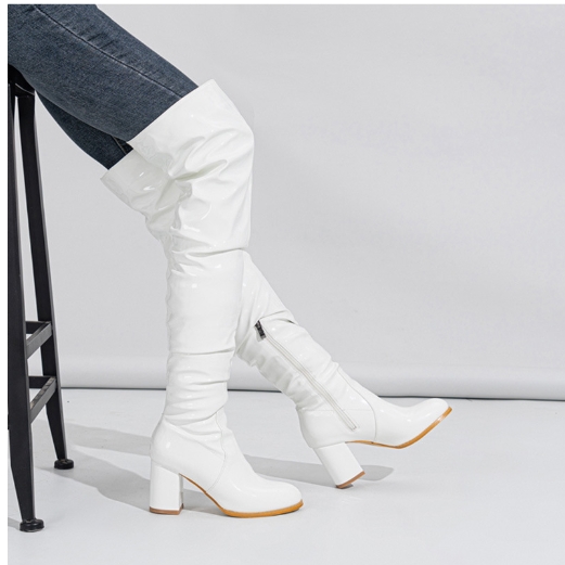 Tall boots, round toe, wrinkled, thick heel, black, knee high, stacked boots