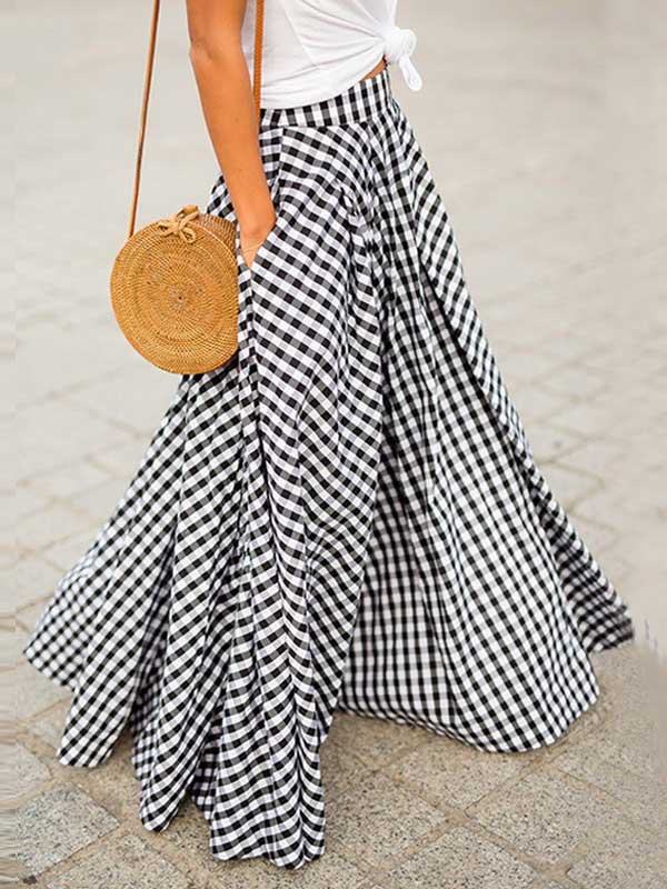 2025 Spring and Summer New Wish Elegant All-match Elegant Plaid Mid-length High Waist Large Swing Skirt Dagging Skirt