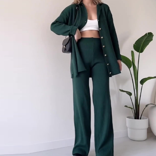 Solid color design button fashion casual home sweater set