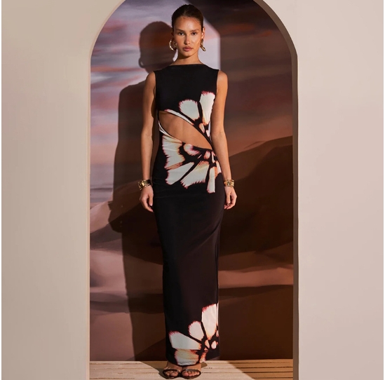 American retro light mature style sexy hollow slit slimming printed sleeveless dress