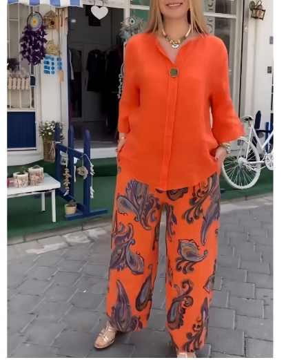 Fashionable loose cotton and linen long sleeved top, casual printed straight leg pants two-piece set