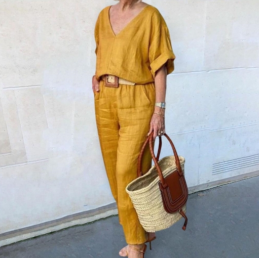 Women's fashionable casual summer multi-color V-neck loose cotton and linen set