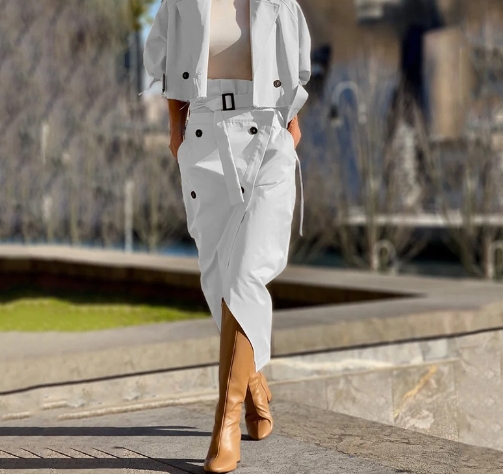 Versatile casual workwear temperament button belt set skirt