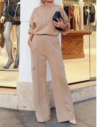 Two piece set of collared short jacket, high waisted workwear, wide leg pants