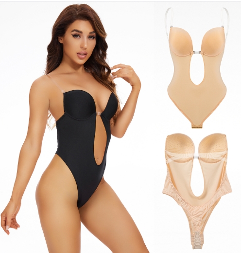 Deep V invisible shoulder strap waist cinching bodysuit with leaked straps, bra shaping jumpsuit
