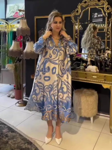 V-neck fashionable printed long sleeved loose dress for women