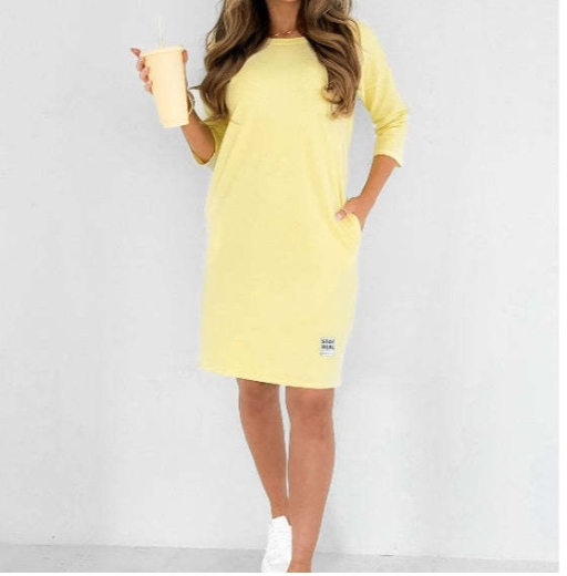Round neck mid length knitted dress solid color versatile seven quarter sleeve dress