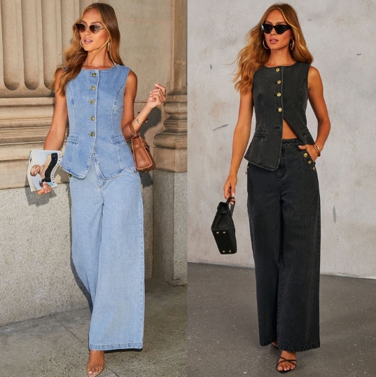 Fashionable temperament new button sleeveless vest wide leg jeans denim suit