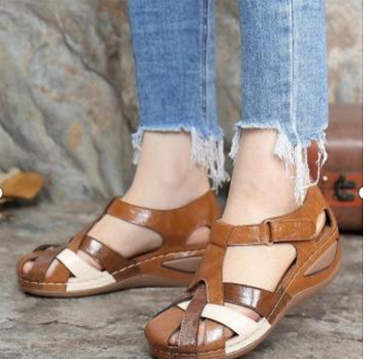 Mid heeled retro round toe wedge women's Roman shoes cross buckle women's sandals