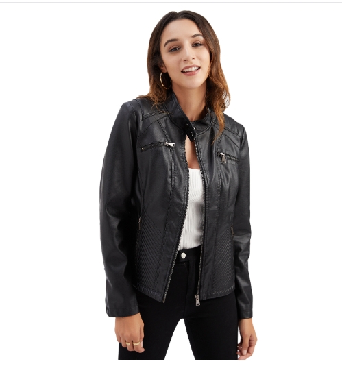 Slim fit jacket, thin women's motorcycle suit, plus size stand up collar leather jacket
