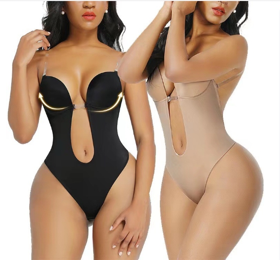 Deep V invisible shoulder strap waist cinching bodysuit with leaked straps, bra shaping jumpsuit