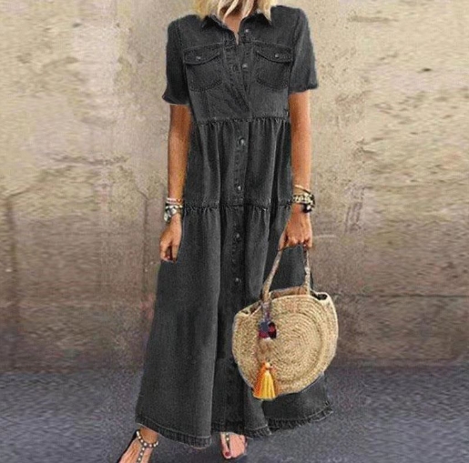 European and American denim style long multi button distressed dress