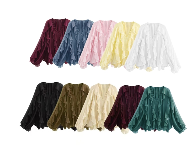 Fashionable bow tie tie layered decoration French lantern sleeve long sleeved shirt