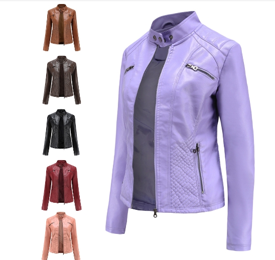 Slim fit jacket, thin women's motorcycle suit, plus size stand up collar leather jacket