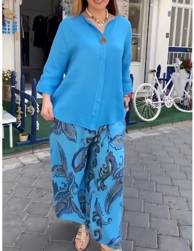 Fashionable loose cotton and linen long sleeved top, casual printed straight leg pants two-piece set