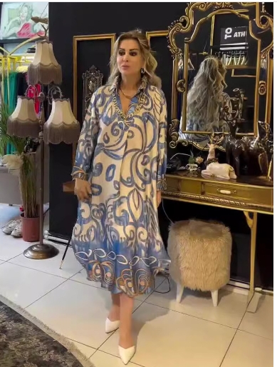 V-neck fashionable printed long sleeved loose dress for women