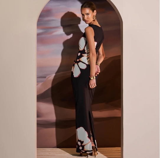 American retro light mature style sexy hollow slit slimming printed sleeveless dress